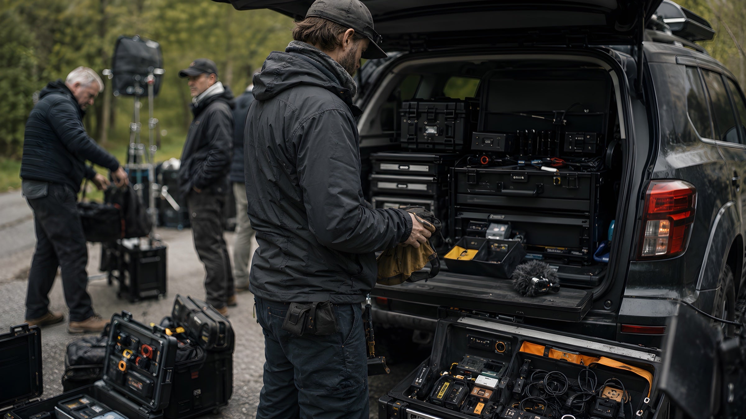Camera crew organizing production gear from the back of a vehicle